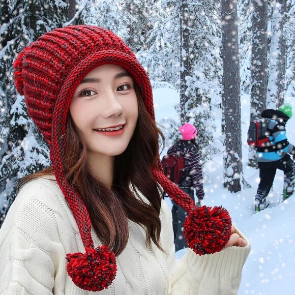 Women Red Winter Peruvian Cover Ears Beanie Hat Ear Flaps Sherpa Ski Snow
